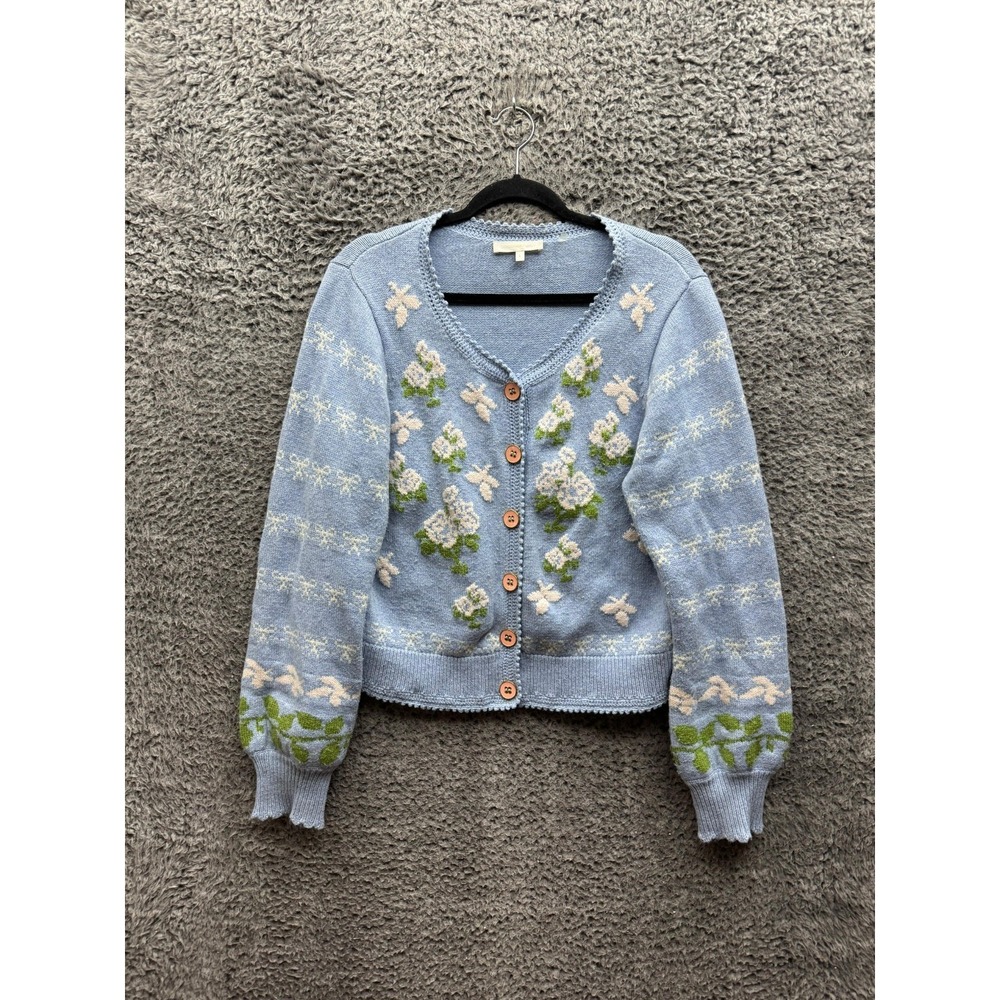 Loveshackfancy Merino Wool Blend Charlo Cardigan Periwinkle Orchard Women Size L